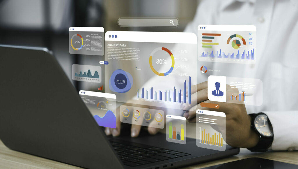 An analyst uses a computer and dashboard for data business analysis and Data Management System with KPI and metrics connected to the database for technology finance